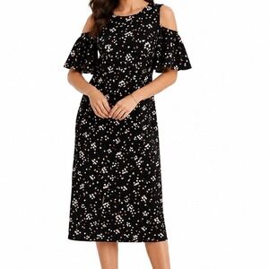 Tommy Hilfiger Women's Midi Dress Black Floral Size 2 Long Sleeve Boho Chic Fall
